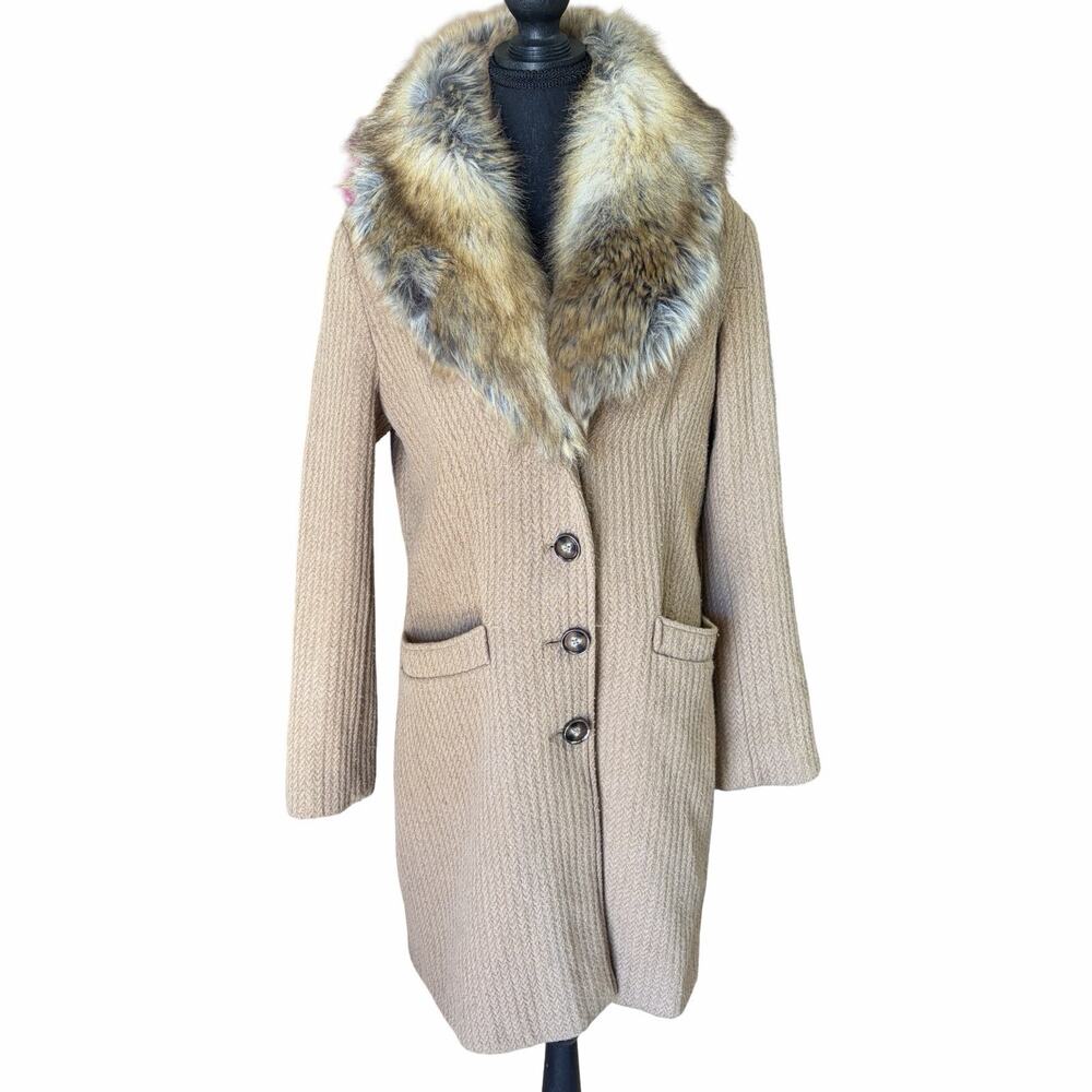Vintage Liz Claiborne Wool Blend Coat Womens M Camel Faux Fur Collar Long